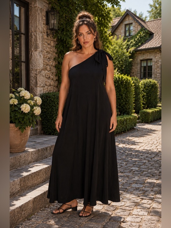 Dresses & Skirts - One-Shoulder Black Maxi Dress with Shoulder Tie